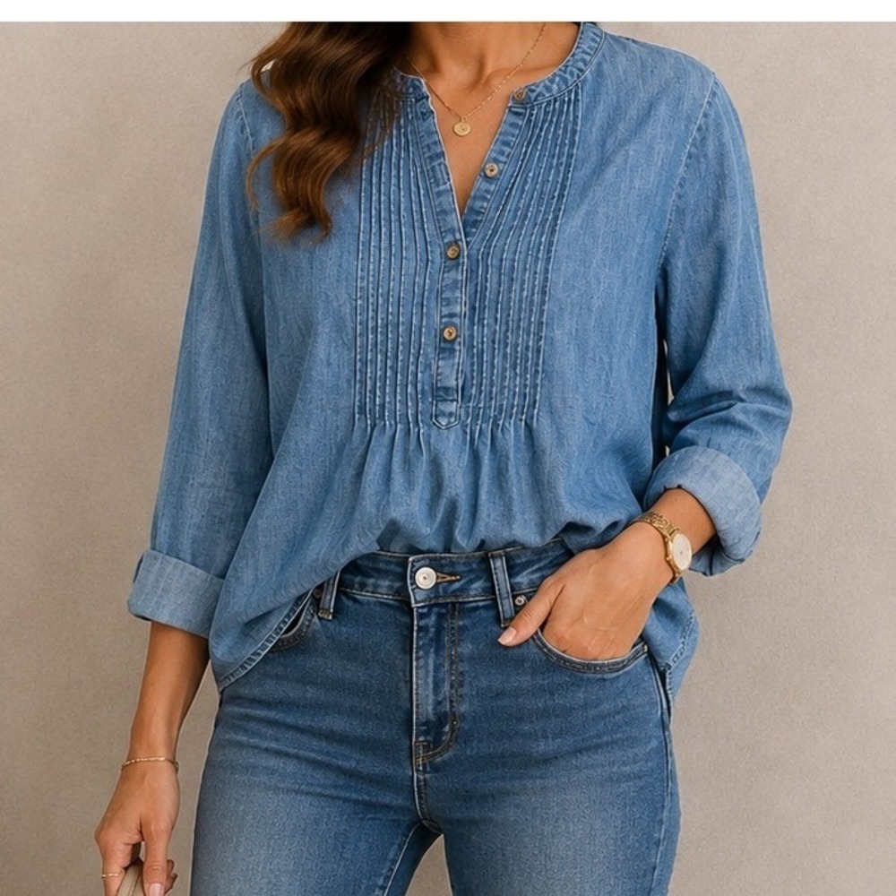 J.Jill Denim Blue Pintuck Long Sleeve Tunic Blouse Small  Jean pullover top